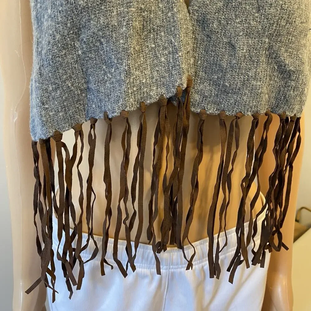 Ralph Lauren Merino Wool Blend Neck Warmer Scarf Blue Tweed Long Fringe Unisex